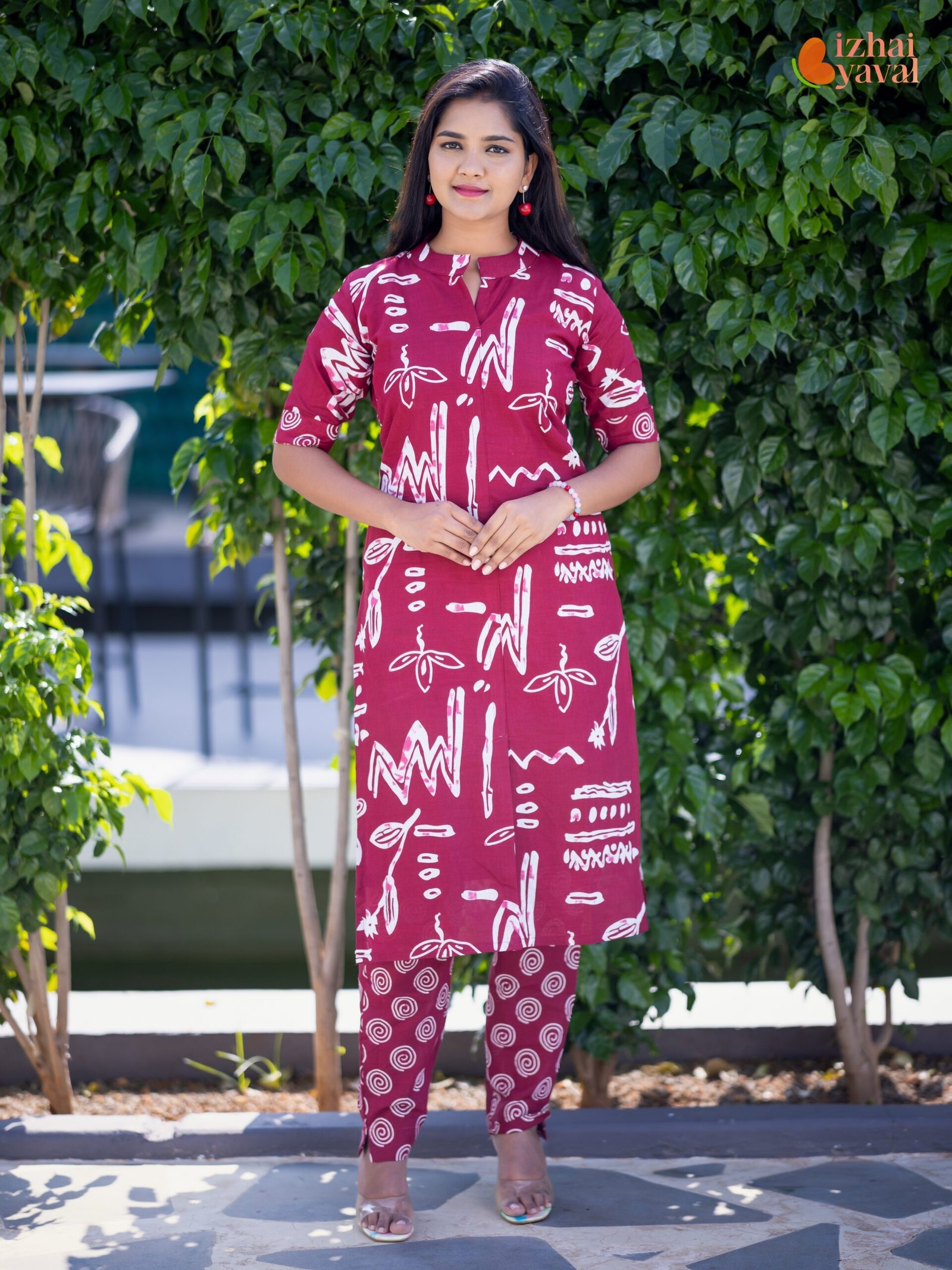 maroon handcrafted printed cotton kurti set