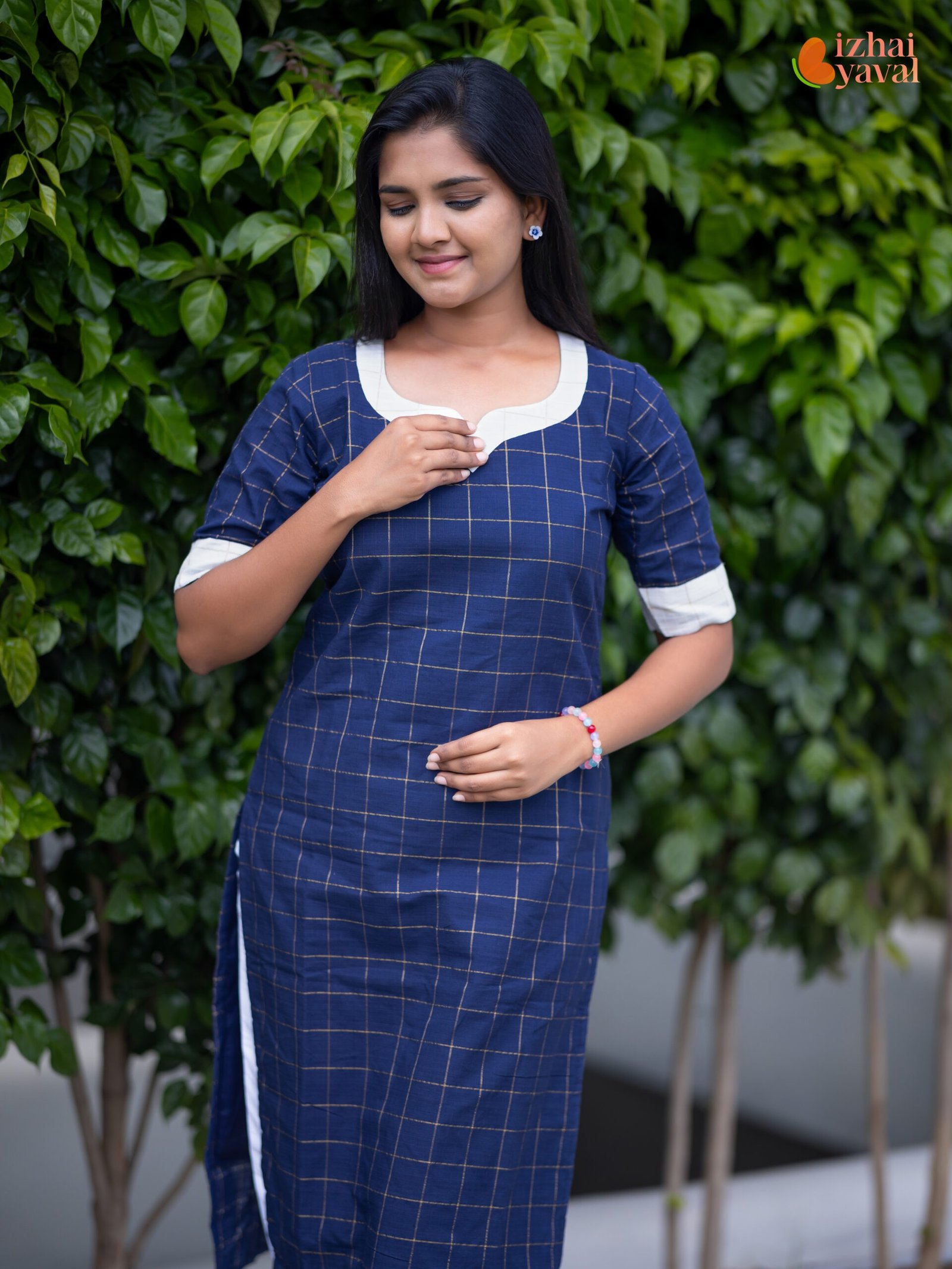 Shop navy blue checked cotton kurti